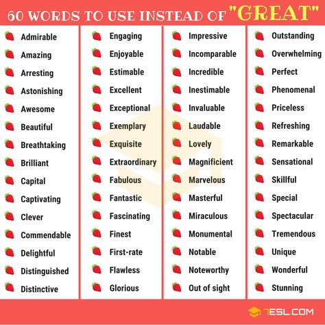 60 Words You Can Use Instead of GREAT Words You Can Use Instead Of, Another Word For Great, Other Words For Great, Synonyms For Great, English Charts, Words To Use Instead, Vocabulary In English, Expand Your Vocabulary, English Articles