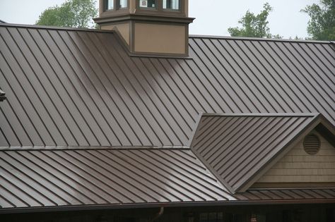 Brown Metal Roof, Brown Brick Exterior, Metal Roof Houses, Metal Roof Colors, Corrugated Metal Roof, Roofing Ideas, Rv Garage, Stone Chimney, Standing Seam Metal Roof