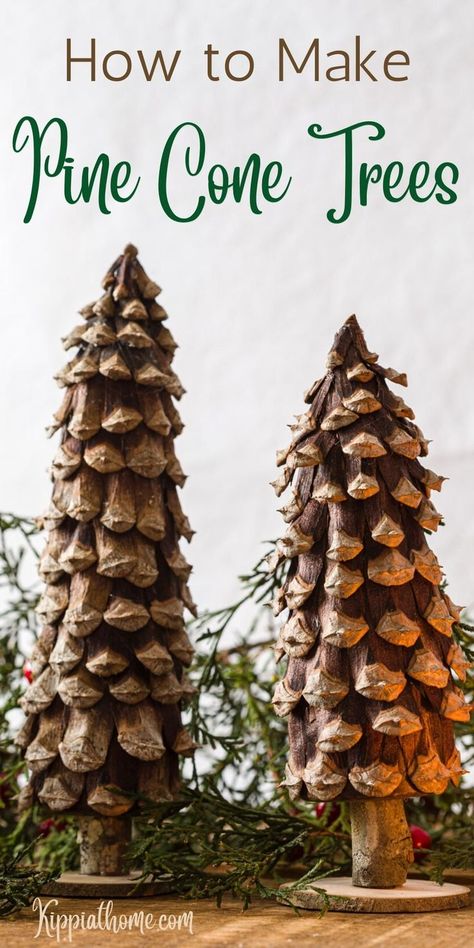 two DIY pine cone trees sitting on a table Pine Cone Trees Christmas, Pine One Trees, Pine Cone Christmas Tree Diy, Diy Pine Cone Christmas Tree, Diy Pine Tree Decoration, Long Pine Cone Crafts, Pine Cone Christmas Trees, Pinecone Trees Diy, Pine Cone Trees Diy