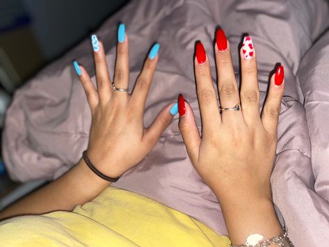 One Hand Red One Hand Blue Nails, Red White And Blue Cow Print Nails, Red And Light Blue Nails, Red And Blue Nail Ideas, Red And Blue Nails Acrylic, Light Blue And Red Nails, Blue And Red Nails Designs, Red Cow Print Nails, Red And Blue Nails Design