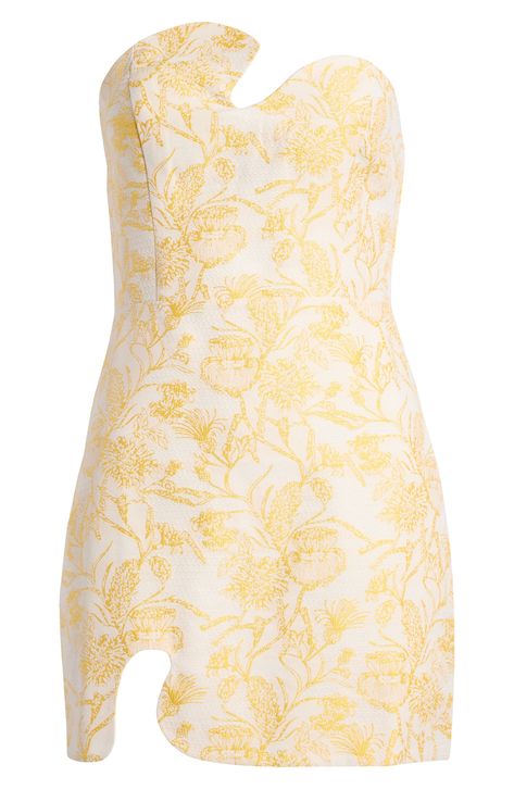 Sweeten the occasion in this textured strapless mini designed with eye-catching asymmetric cutouts and sunny botanical blooms. 23" center front length (size Medium) Back zip closure Asymmetric neck Strapless Lined 75% polyester, 25% nylon Dry clean Imported Dresses For Homecoming Short, Formal Dresses Sorority Long, Pastel Yellow Mini Dress, Asymmetrical Hoco Dress, Pastel Yellow Homecoming Dresses, Affordable Wedding Guest Dress, Frosh Dresses, Sorority Semi Formal Dresses, Rush Dresses Sorority Recruitment