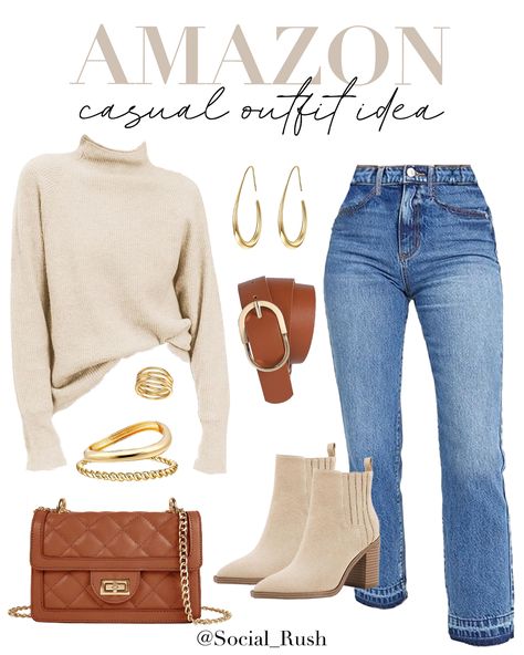 Beige Ankle Boots Outfit Winter, Beige Sweater Outfit Winter, Outfits With Beige Boots, Chunky Heel Boots Outfit, Beige Boots Outfit Ankle, Outfits With Straight Leg Jeans, Beige Ankle Boots Outfit, Amazon Fall Outfits, Chunky Heels Outfit