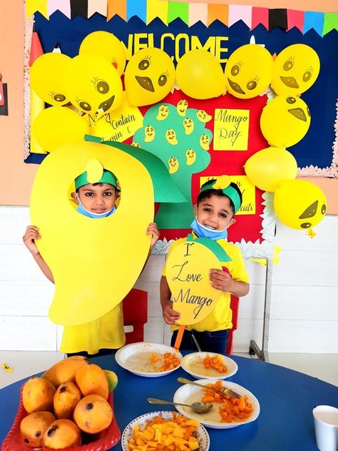 Mango Day Celebration Ideas In School, Yellow Day Celebration In School, Mango Party Decoration Ideas, Yellow Day Celebration For Kids, Fruit Day Celebration In Preschool, Mango Day Decoration In School, Mango Activity Preschool, Yellow Day Activity For Kindergarten, Yellow Colour Day Activities