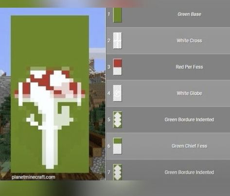 Not my pin Minecraft Banner Designs Mushroom, Cross Banner Minecraft, Green Banner Minecraft, Minecraft Banner Designs Green, Minecraft Mushroom Banner, Mushroom Banner Minecraft, Cool Minecraft Banners, Mc Banner, Minecraft Banner Patterns