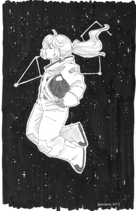 Astronaut Art Reference, Space Anime Drawing, Person In Space Drawing, Lost In Space Drawing, Floating Astronaut Drawing, Astronaut Outfit Drawing, Astronaut Drawing Aesthetic, Astronaut Drawing Illustrations, Cool Space Drawings