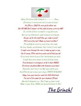 Grinch On A Bench, Classroom Kindness, Grinch Day, Welcome Letters, The Grinch, A Letter, Teacher Store, Teachers Pay Teachers, Educational Resources