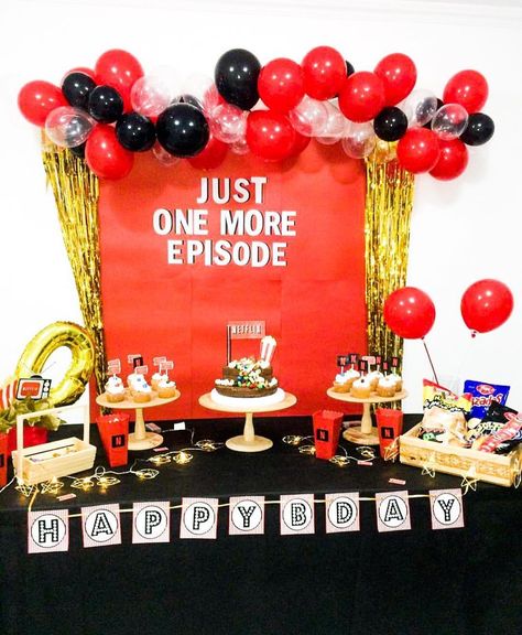 Netflix Birthday Party Netflix And Chill Party Theme, Netflix Decorations Party, Netflix Party Theme, Netflix Theme Party Decorations, Netflix Party Decorations, Netflix Birthday Party Ideas, Netflix Themed Party, Netflix Party