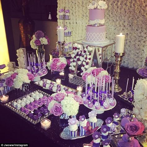 Purple Dessert Tables, Jenni Jwoww, Purple Candy Buffet, Vintage Wedding Cake Table, Purple Desserts, Lila Party, Purple Wedding Theme, Purple Candy, Wedding Cake Table