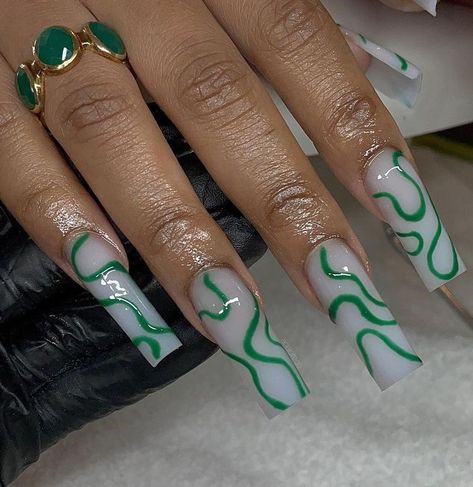 Green Square Acrylic Nails, Nude And Green Nails, Summer Nails Black Women, Hoco Nails, Green Acrylic Nails, Retro Nails, Nails Nude, Edgy Nails, Her Ring