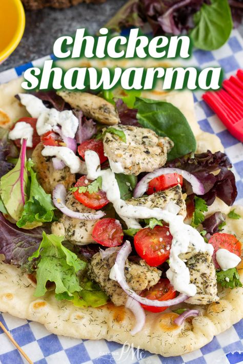 Chicken Shawarma with Yogurt Sauce and Naan is marinated in the perfect mixture of spices and is slow-cooked until incredibly tender, flavorful, and delicious. #naan #chickenrecipes #chickenshawarma #recipes #dinner #callmepmc Naan Ideas Dinners, Chicken Naan Recipe, Chicken Hummus Naan Wraps, Naan Chicken, Chicken And Naan Recipes, Chicken Shawarma Wrap, Naan Recipe, Chicken Shawarma, Yogurt Sauce