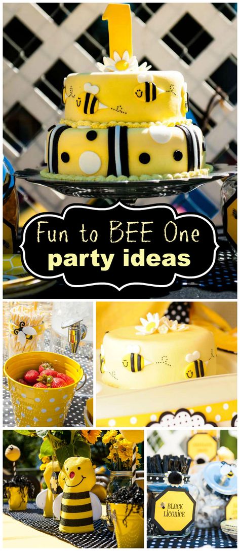 Such a cute "Fun to BEE One" first Birthday party! It had a DIY chili bar, lemonade and fun party games! See more party planning ideas at CatchMyParty.com! Bee Party Ideas 1st Birthdays, Honeybee First Birthday Party, 3rd Birthday Bee Theme, Bumble Bee Birthday Party Decorations, Bee Party Food Ideas, Busy Bee Birthday Theme, Fun To Bee One Birthday, Its Good To Bee Three Birthday, Bee Themed Second Birthday