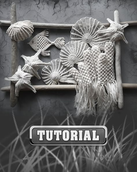 wall hanging craft ideas, macrame design, beach house wall art, macrame star, macrame tapestry, boho decor macrame, coastal macrame, farmhouse style ideas, rustic home decor, macrame wall hanging, macrame pendant, sea macrame, macrame shell pattern, bathroom decor Sea Turtle Macrame Wall Hanging Tutorial, Ocean Macrame Diy, Driftwood Macrame Wall Hanging Diy, Macrame Shells Tutorial, Seashell Macrame Wall Hanging, Macrame Seashell Tutorial, Macrame With Seashells, Macrame Octopus Tutorial, Macrame Whale Tutorial