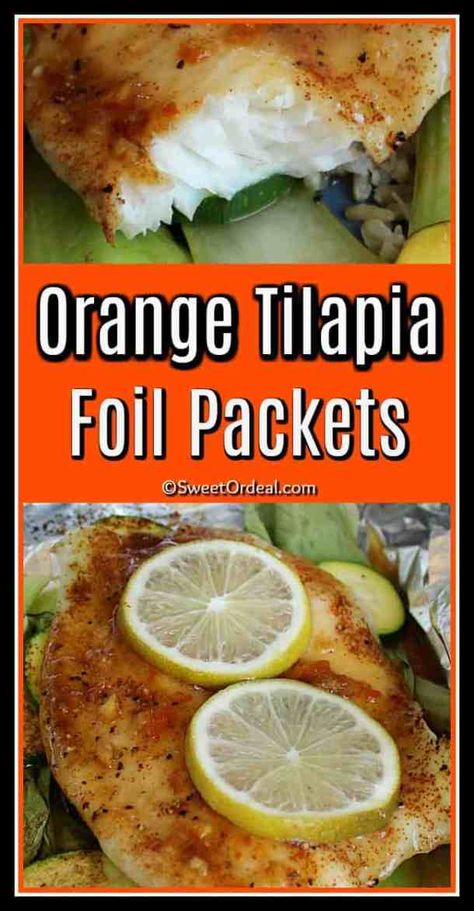 Orange Tilapia Foil Packets are low calorie and healthy, full of flavor with a zesty orange sauce. #sweetordeal #bakedtilapia #tilapiafoilpackets #bakedtilapiaandveggies Low Calorie Tilapia Recipes, Orange Tilapia, Tilapia Recipes Baked Ovens Foil Packets, Fish Foil Packets For The Oven Tilapia, Grilled Tilapia Recipes Foil, Tilapia And Sweet Potato Recipes, Tilapia Dinner, Tilapia Dishes, Baked Tilapia Recipes