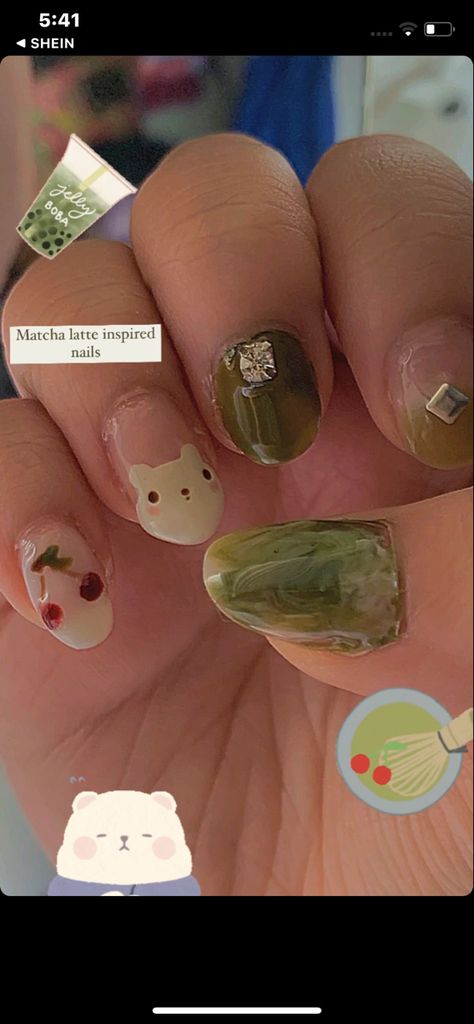 Nail art Matcha Nail Art, Matcha Latte Nails, Strawberry Matcha Nails, Latte Nail Art, Matcha Nails, Matcha Cookies, Matcha Latte, Pretty Outfits, Matcha