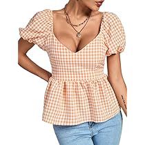 Short Sleeve Peplum Top, Gingham Print, Neck Ruffle, Crop Blouse, Cute Tops, Ruffle Hem, High Waist Jeans, Spring Fashion, Gingham