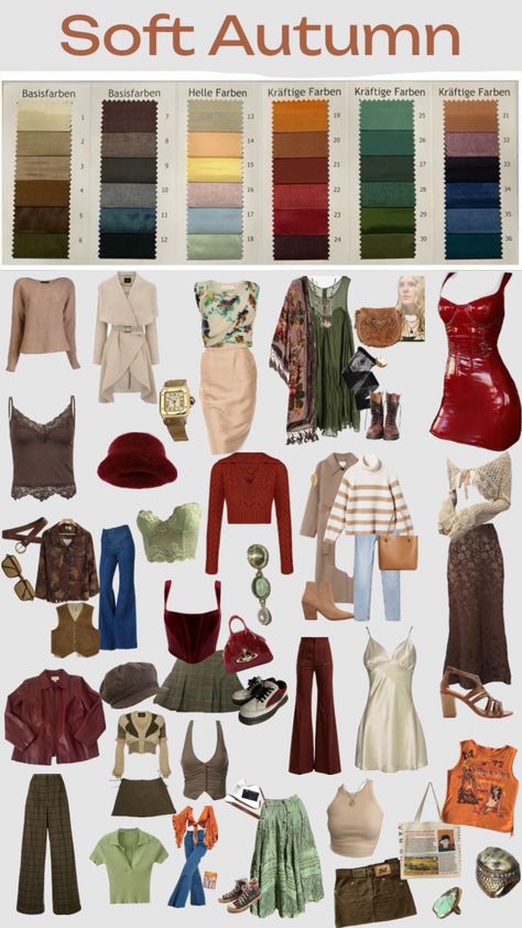 Soft Autumn Soft Autumn Clothes, Autumn Mute, Soft Autumn Outfits, Soft Autumn Style, Autumn Color Analysis, Soft Autumn Makeup, Soft Autumn Colors, Deep Autumn Palette, Soft Autumn Deep