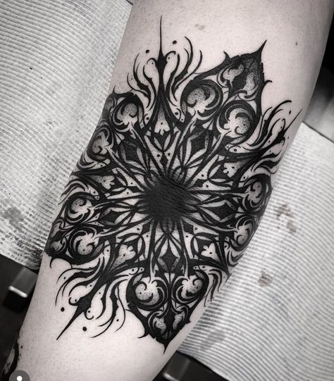 Goth Mandala Tattoo, Creepy Mandala Tattoo, Goth Elbow Tattoo, Gothic Arm Tattoos For Women, Dark Elbow Tattoo, Gothic Elbow Tattoo, Goth Ornamental Tattoo, Gothic Mandala Tattoo, Gothic Knee Tattoo