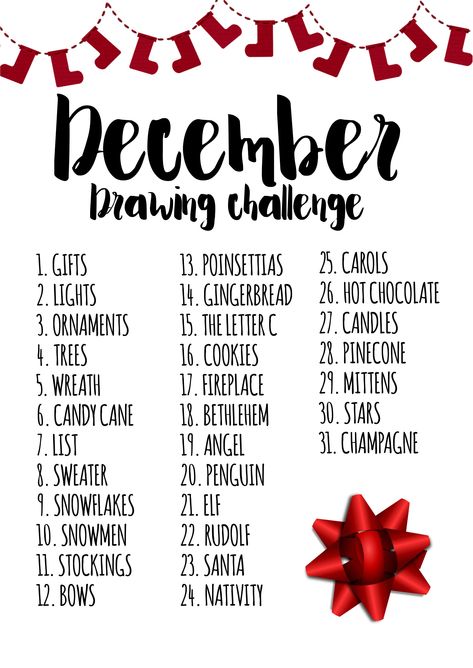 Christmas Prompts Drawing, December Drawing Challenge 2024, December Drawing Prompts, Christmas Drawing Base, December Drawing Challenge, Christmas Drawing Challenge, Holiday Stem, Watercolour Challenge, Sketchbook Challenge