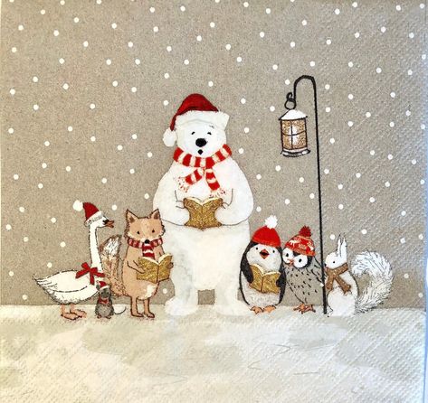 "3 Luncheon Napkins -Animal Friends Christmas Carolers Stewo product, made in Europe Size 13\" x 13\", 3-ply paper napkins CLICK ON LINK FOR DECOUPAGE NAPKIN STYLES VARIETY - 3 Napkins https://www.etsy.com/shop/PacificSunset?section_id=16790346 ASIA https://www.etsy.com/shop/PacificSunset?section_id=17455795 CHILDREN https://www.etsy.com/shop/PacificSunset?section_id=18956022 BIRDS & BUTTERFLIES https://www.etsy.com/shop/PacificSunset?section_id=17452614 ANIMALS https://www.etsy.com/shop/Pac Animals Singing, Animals In Winter Art, Woodland Critter Christmas, Snowmen Art, Fox Christmas Illustration, Christmas Forest Animals Illustration, Winter Woodland Animals Illustration, Christmas Caroling, Christmas Critters