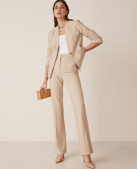 Refined four-way stretch holds its shape while flattering yours - so you stay polished and comfortable from A.M. to P.M. Front zip with hook-and-bar closure. Front off-seam pockets. Back besom pockets. Shop all Bi-Stretch Suiting. Outfits for at work. Endless office outfits for your M-F by Ann Taylor. Women Pant Suit Outfit, Womens Tan Suit Work Outfits, Women’s Work Attire, Women’s Trousers, Women’s Work Wear, Khaki Suit Women, Flare Dress Pants Outfit, Women’s Suits, Women’s Business Casual