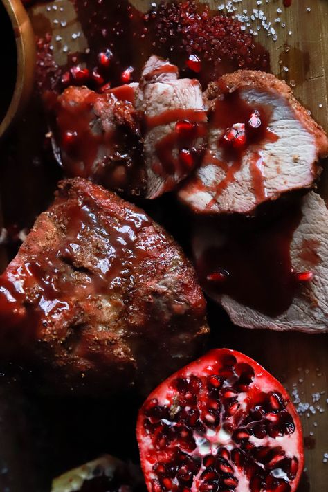 Fall Pomegranate Recipes, Pomegranate Dinner Recipes, Goth Food, Hearty Winter Recipes, Pomegranate Glaze, Roasted Pork Shoulder, Traeger Smoker, Peach Sauce, Pomegranate Sauce