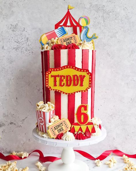 Keekle Cake Co. | CIRCUS Roll up! Roll up! It's the greatest show on earth 👌 Circus themed cake for Teddy's 6th birthday 🎪 Vertical buttercream stripes… | Instagram Circus Themed Birthday Cake, Carnival Birthday Party Cake, Circus Birthday Party Cake, Three Ring Circus Birthday Party, Carnival Cake Ideas, Carnival Cake Pops, Circus Cake Ideas, Circus Party Cake, Carnival Theme Cake