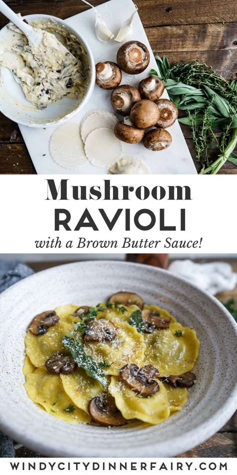 Ravioli With Brown Butter Sauce, Wild Mushroom Ravioli, Sage Brown Butter, Art Of Gathering, Ravioli Filling, Mushroom Ravioli, Brown Butter Sauce, Homemade Ravioli, Ravioli Recipe