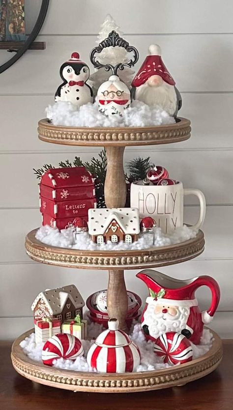 Xmas Kitchen Decor Ideas, Christmas Tiered Tray Ideas, Tiered Tray Ideas, Winter Tray, Three Tier Tray, Fancy Christmas Ornaments, Tray Decor Christmas, Christmas Tiered Tray, Pretty Christmas Decorations