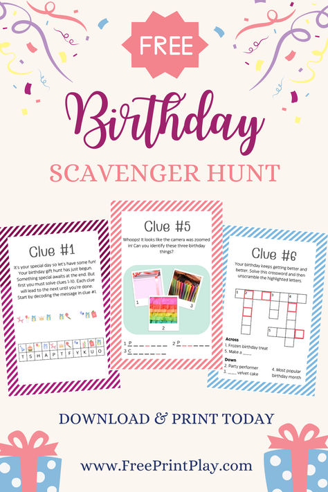 Three birthday gift scavenger hunt clue cards featuring various puzzles to solve Birthday Hunt Clues, Birthday Gift Scavenger Hunt Clues, Birthday Gift Scavenger Hunt, Birthday Scavenger Hunt Kids, Gift Scavenger Hunt, Birthday Scavenger Hunt, Easy Birthday Gifts, Cat Themed Birthday Party, Scavenger Hunt Birthday