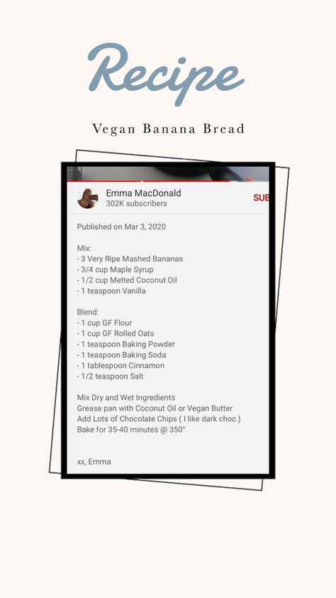 Emma Macdonald’s Recipe. Emma Macdonald Banana Bread, Nyc Recipes, 2024 Wellness, Emma Macdonald, Vegan Banana Bread Recipe, Vegan Banana Bread, Feel Good Food, Dairy Free Dessert, Vegan Banana