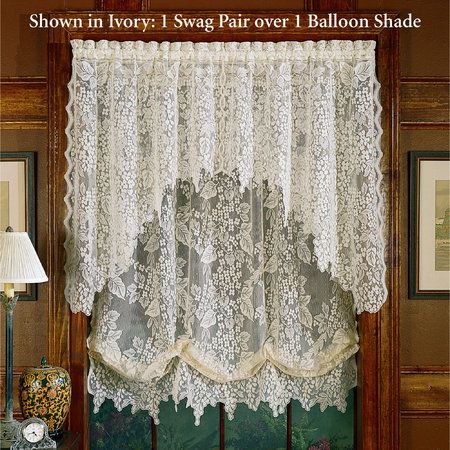 swag over balloon shade Lace Window Treatments, Vintage Lace Curtains, Lace Balloons, Tie Up Curtains, Balloon Shades, Balloon Valance, Balloon Curtains, Swag Curtains, Lace Window