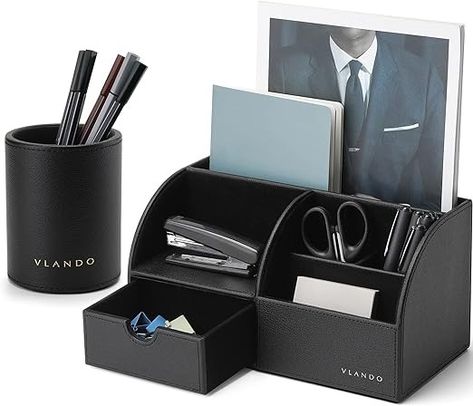 Amazon.com: Vlando Office Desk Organizer Leather Desktop Organizer Caddy with Drawer for Storing Desktop Supplies and Accessories (Black) : Office Products Leather Desk Organizer, Desk Caddy, Remote Control Holder, Desk Organizer Set, Document Storage, Desk Organization Office, Pen Organization, Desk Tidy, Global Office Furniture