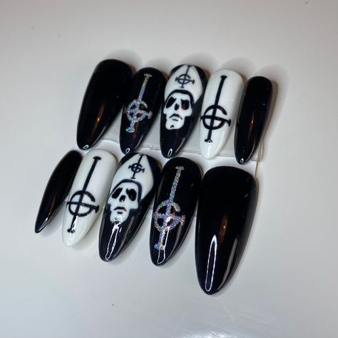 The Band Ghost press on nails by @nailsby_elx on instagram Ghost The Band Nails, Ghost Band Inspired Nails, Ghost Band Nail Art, The Band Ghost Nails, Ghost Bc Nails, Satanic Nail Art, Ghost Band Nails, Ghost Concert, Nails Ghost