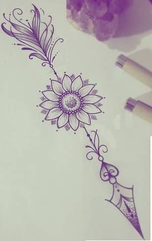 Arrow Sister Tattoo Ideas, Arrow With Sunflower Tattoo, Arrow Tattoos Design, Daisy Arrow Tattoo, Sunflower Arrow Tattoos For Women, Women Arrow Tattoo, Feather Arrow Forearm Tattoo Women, Feather And Sunflower Tattoo, Pretty Arrow Tattoos For Women