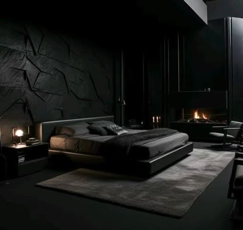 Dark Modern House Bedroom, Black Interior Bedroom, All Black Room, Black Modern Bedroom, Black Luxury Bedroom, Dark Modern Bedroom, Furniture Ideas Bedroom, Dark Bedroom Aesthetic, Bedroom Tile