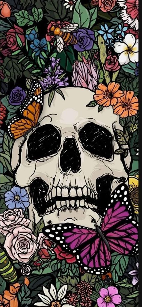 Skull Phone Wallpaper, Spooky Iphone Wallpaper, Wallpaper For Lock Screen, Hipster Phone Wallpaper, Skeleton With Flowers, Tattoo Crane, Skull Wallpaper Iphone, For Lock Screen, It Wallpaper