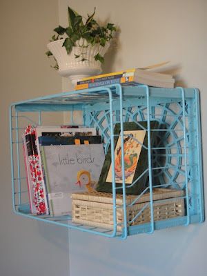 Savvy Style, Mindful Home: Repurposed Metal Milk Crate Metal Crate Ideas, Milk Crate Wall Shelves, Storage Ideas Using Milk Crates, Crate Shelves Milk, Milk Crate Storage Plastic, Metal Milk Crates, Record Storage Milk Crate, Ladder Shelf Diy, Wire Crate