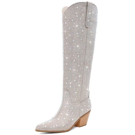 PRICES MAY VARY. Quality: The lining is made of soft fabric for a more comfortable wear. Made with high-quality rhinestone and a soft and breathable lining, these mid calf cowgirl boots offer both fashion and comforttable. Rhinestones all over the upper of the boots, improved rhinestone paste process, not easy to fall off. Fashion: Stylish and comfortable knee-high cowboy boots for women, perfect for country concerts and cowgirl outfits. Sparkly rhinestone accents on the boots give them a unique Rhinestone Cowgirl Outfits, Women Cowboy Boots, Cowgirl Rhinestone, Cowgirl Ankle Boots, Sparkly Boots, Knee High Cowboy Boots, Rhinestone Cowgirl, White Cowboy Boots, Boots Cowgirl