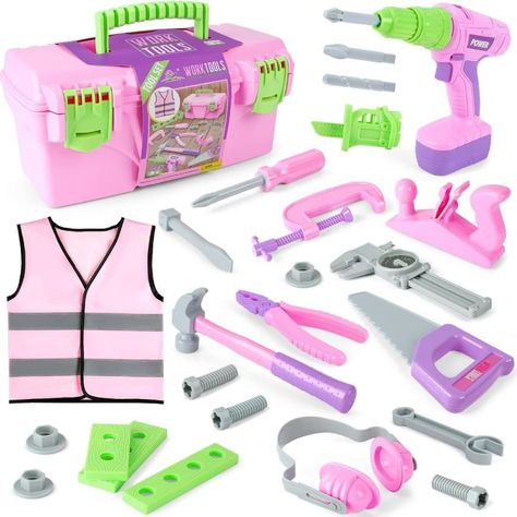 ALLJOY 55pcs Kids Tool Set,Pretend Play Construction Toys with Tool Box & Electronic Toy Drill Christmas Birthday Gift for Toddlers Boys Girls Tool Vest, Kids Tools, Pink Tool Set, Pink Tools, Model Accessories, Toddler Boy Gifts, Toy Tools, Vest Set, Pretend Play Toys