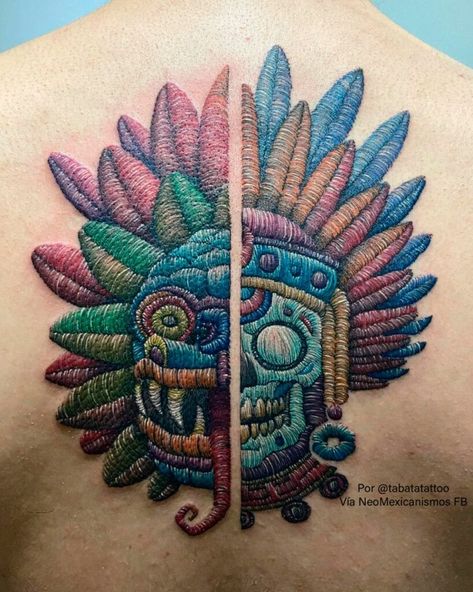 Quetzalcoatl Tattoo, Cross Stitch Tattoo, Aztec Tattoos, Mexican Tattoo, Mexican Art Tattoos, Embroidery Tattoo, Aztec Tattoo Designs, Native Tattoos, Mayan Art