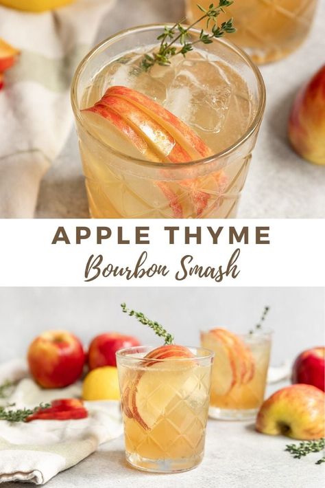 The most refreshing Apple Thyme Bourbon Smash cocktail recipe! This easy apple thyme cocktail can be made with Bourbon or Whiskey and is great for Summer or Fall. This recipe is made with sweet apples to make an apple thyme simple syrup and then mixed with fresh lemon juice, lemon soda water, and garnished with extra apples. #bourbonsmash #applecocktail Apple Cocktail Garnish, Bourbon Smash Cocktail, Fresh Summer Cocktails, Thyme Simple Syrup, Strawberry Sangria, Simple Syrup Cocktails, Apple Whiskey, Bourbon Smash, Apple Bourbon