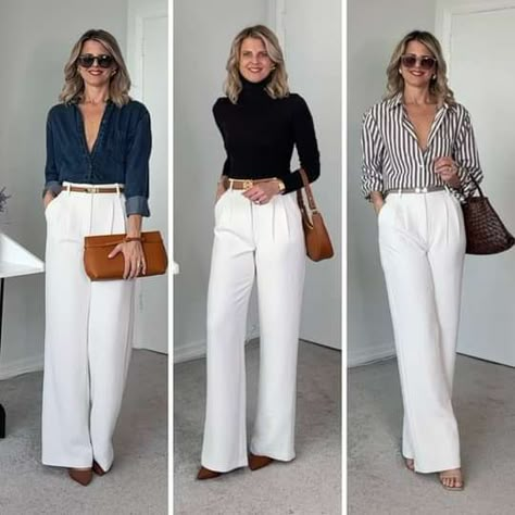 Mrs.blondebrainsandbirkins White Pants Work Outfit Summer, White Pants Outfit Women Classy, White Trousers Office Outfit, Business Casual White Pants, White Trousers Work Outfit, White Pants Formal Outfit, White Wide Leg Pants Outfit Work, White Slacks Outfit Work, How To Style White Trousers