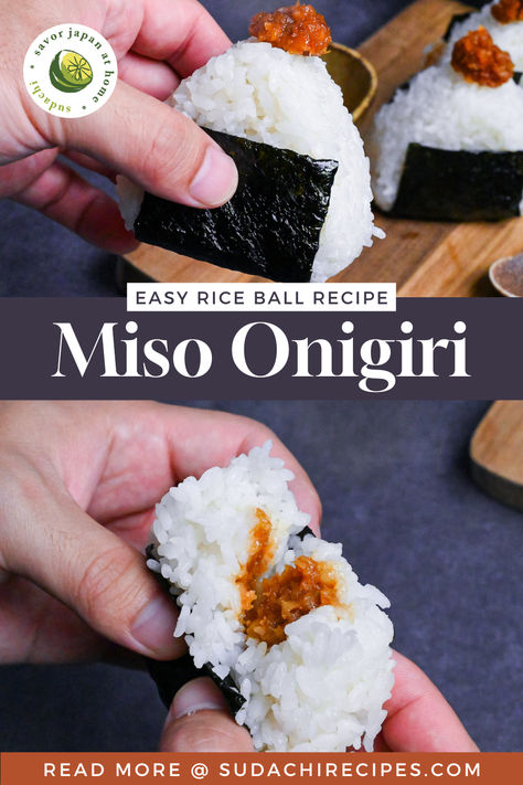 3 Miso onigiri rice balls topped with a small blob of miso filling lined up on a wooden chopping board on gray surface and Japanese leek in the background Onigiri Filling Ideas Vegetarian, Nori Rice Balls, Miso Onigiri, Onigiri Filling Ideas, Japanese Breakfast Recipes, Easy Onigiri, Rice Ball Recipe, Miso Rice, Onigiri Filling