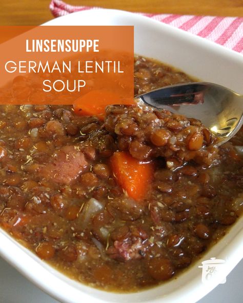 How to Make Lentil Soup: Oma's Linsensuppe Rezept. German Lentil Soup Recipe, How To Make Lentils, German Bread, Ham Bone, Lentil Soup, German Food, Lentils, Soup Recipes, Carrots