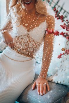 Sparkly Bodysuit Outfit, Sheer Pearl Top Outfit, Mesh Top Wedding Dress, White Sheer Top Outfit, White Mesh Top Outfit, Sparkle Top Outfit, Layered Belts, Bach Themes, Sparkle Bodysuit