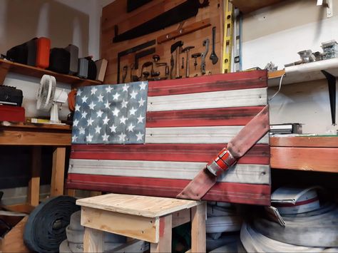 Fire Hose Flag, Fire Hose Decor, Fire Hose Projects, Fire Hose Crafts, Benefit Ideas, American Flag Diy, Fire Ideas, Wood Flags, Flag Ideas