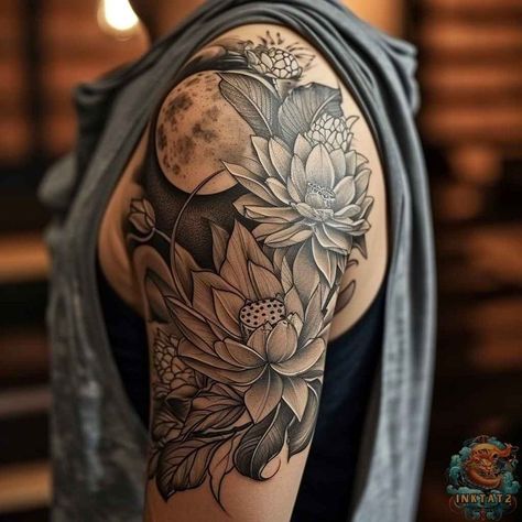 Full Moon Shoulder Tattoo, Moon With Lotus Tattoo, Detailed Flower Tattoos, Flower And Compass Tattoo, Galaxy Flower Tattoo, Lotus Flower Shoulder Tattoo, Lotus Flower Tattoo Sleeve, Bob Haircut With Bangs Korean, Lotus Flower Sleeve Tattoo