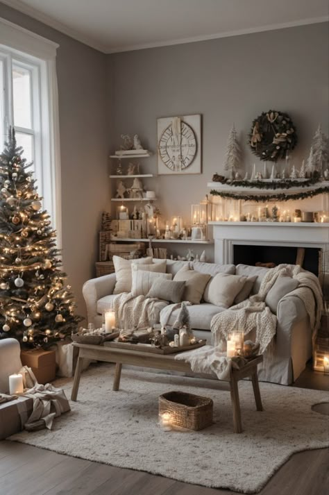 A cozy Christmas living room with a decorated tree, twinkling fairy lights, and stockings hung by the fireplace. Festive throw pillows and blankets adorn the sofa, while garlands and candles add warmth. Presents are neatly placed under the tree. #chirstmasdecor #chirstmaslivingroomdecor Neutral Christmas Decor Living Room, Cozy Christmas Living Room Ideas, Christmas Couch Decor, Christmas Sofa Decor, Cozy Christmas Living Room Decor, Christmas Couch, Espresso House, Throw Pillows And Blankets, Christmas Interior Design