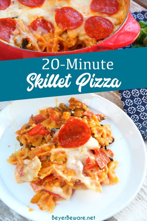 20-Minute Skillet Pizza Casserole is a quick weeknight pasta meal all made in the same pan and filled with all the ingredients you love on your favorite pizza. #Pizza #EasyMeals #Pasta #QuickDinners Pizza Pasta Skillet, Pizza Sandwich Recipe, Skillet Pizza, Delicious Family Dinners, Gourmet Pizza, Pizza Casserole, Skillet Meals, Supper Recipes, Family Dinner Recipes