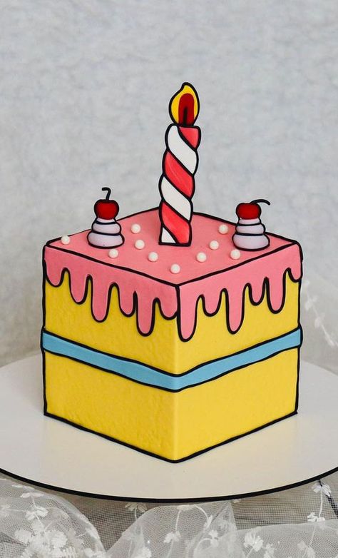 Square Cartoon Cake, 2d Comic Cake Ideas, Carton Cake Ideas, Comic Cake Birthday, Comic Cake Ideas, Cakes Cartoon, 2d Cake, Square Cartoon, Simple Comic